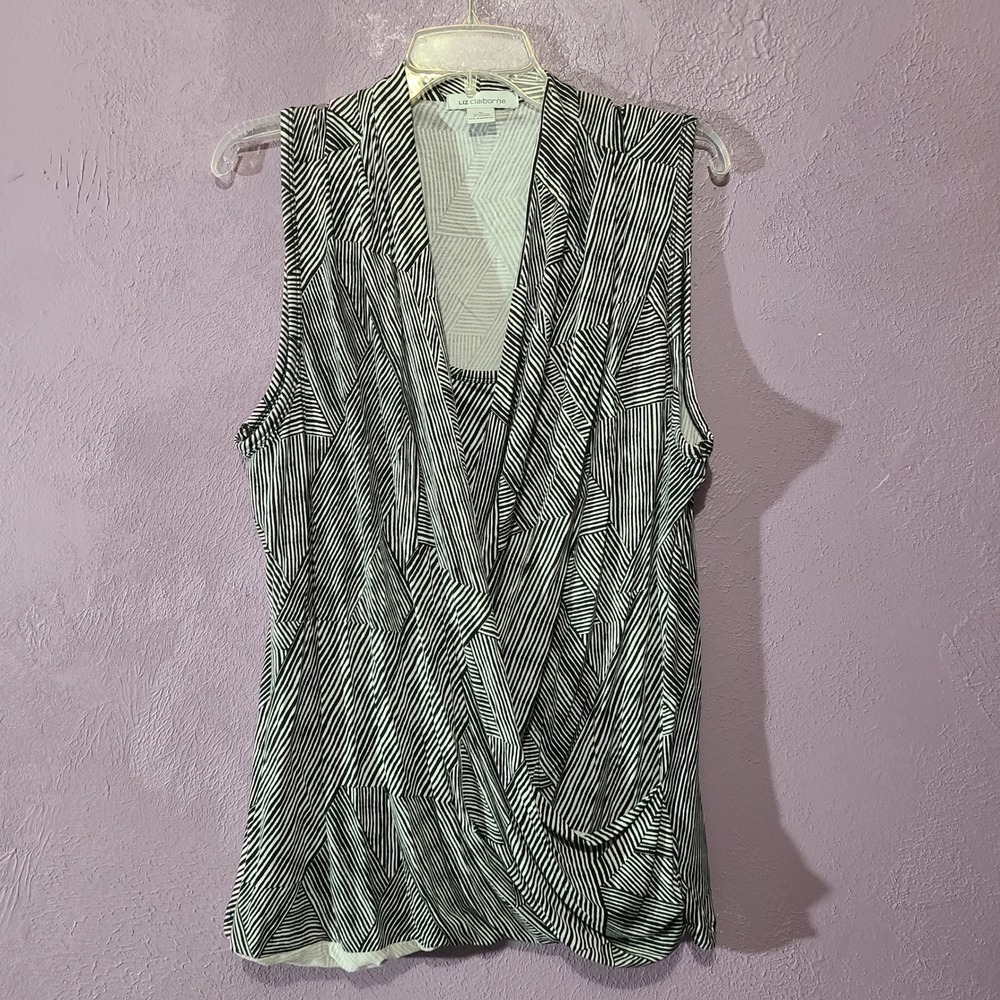 Liz Claiborne Faux‎ Wrap Top Women XL Black White Geometric Stripe Sleeveless